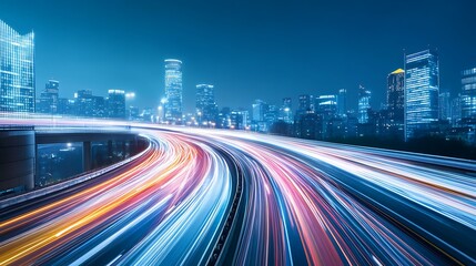 Fototapeta premium A city highway at night, with bright, colorful streaks of light from moving cars, curving around buildings.