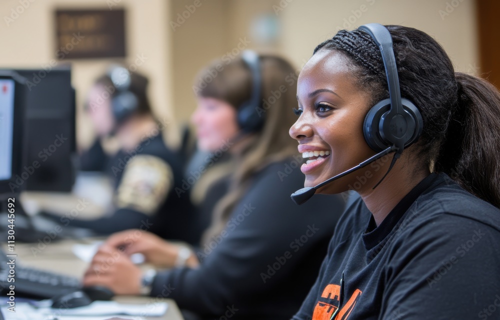 Poster smiling customer service representative in call center environment