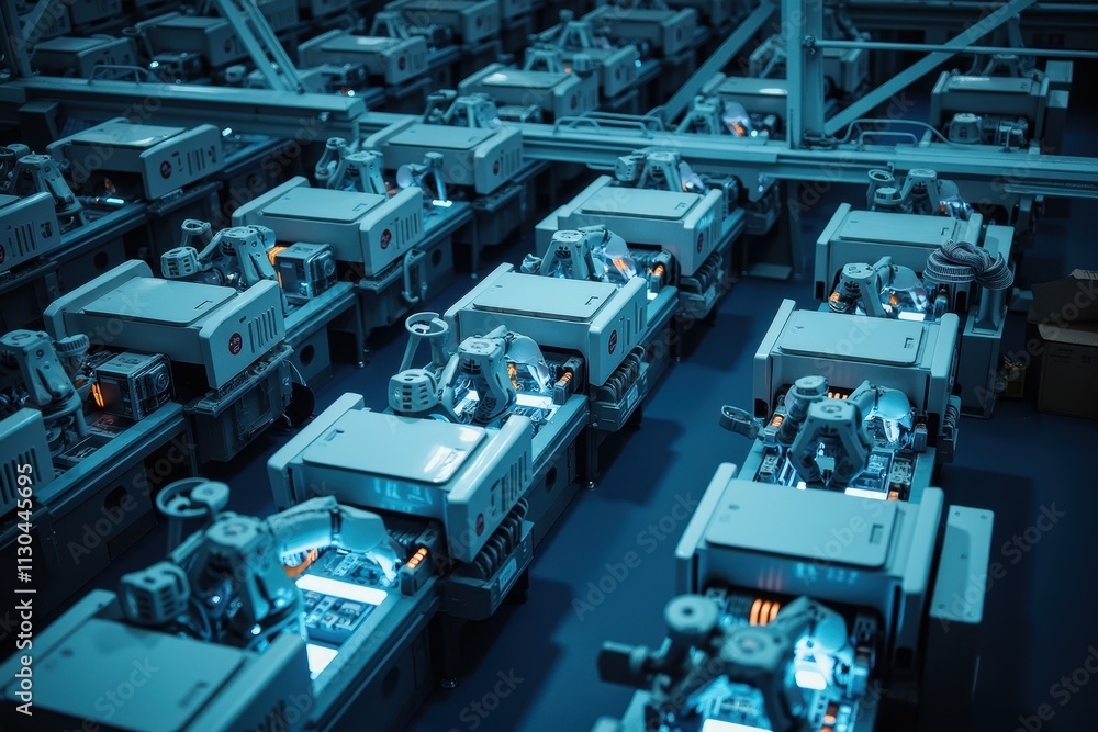 Poster aerial view of modern factory with advanced machinery illuminated in blue light and organized workst