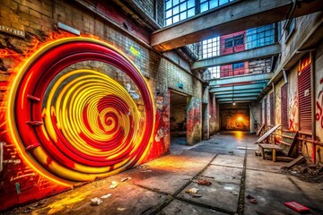 Obraz premium Urban Exploration Photography of a Vibrant Red and Yellow Spiral in an Abandoned Warehouse, Capturing the Beauty of Decay and Colorful Graffiti in a Gritty City Environment