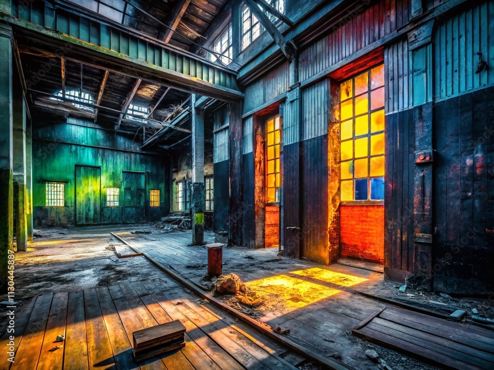 Poster urban exploration photography with a focus on matte black wood texture in abandoned spaces, capturin