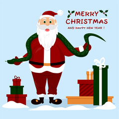 Santa Claus with snake and presents. Merry Christmas and happy new year. Christmas card vector design. 