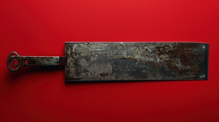 A Japanese pull saw with a fine blade on a solid red background.
