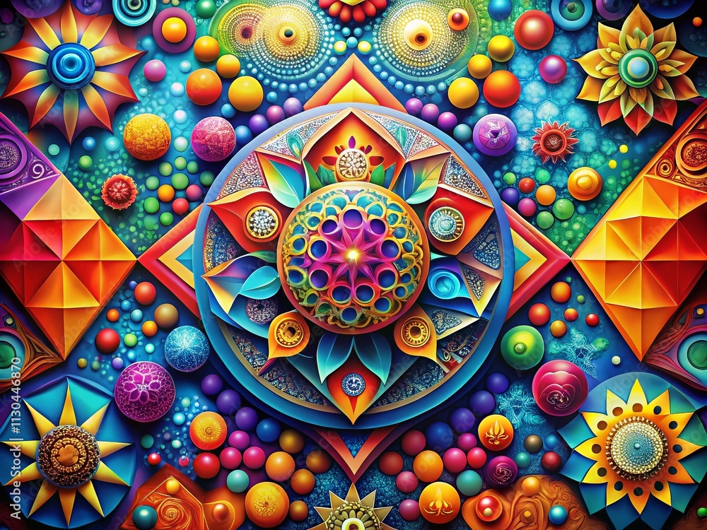 Poster vibrant abstract illustration showcasing colorful geometric shapes and patterns in dynamic arrangeme