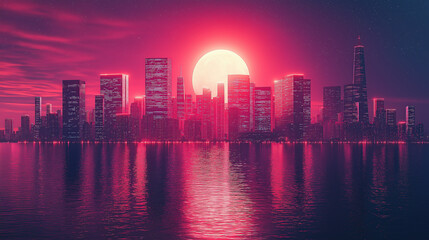 Obraz premium A minimalist cyberpunk city skyline at night, glowing neon lights and clean geometric buildings under a dark sky