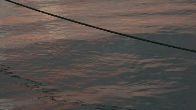 夕日に染まる海面と係留ロープ