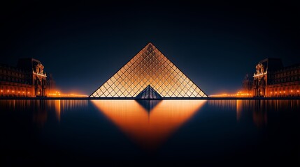 couple paris valentine concept. Illuminated pyramid at night reflecting in water.