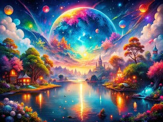 Obraz premium Vibrant and Colorful Double Exposure Photography Illustrating a Whimsical World Filled with Light and Fantasy Elements for Creative Background Use