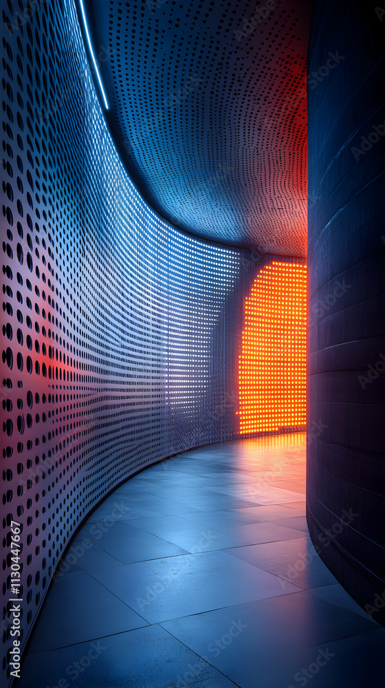 Poster abstract neon corridor, illuminated pathway with perforated walls and glowing panels, futuristic arc