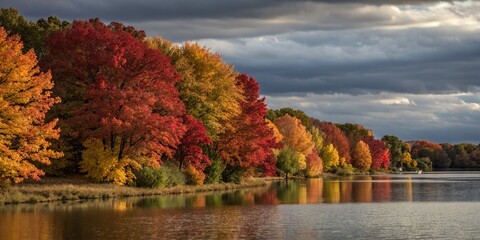 Vibrant Autumn Reflections: Multicolored Trees Mirrored in a Calm Lake Under a Moody Sky for Stunning Landscape Photography