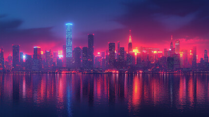 Obraz premium A minimalist cyberpunk city skyline at night, glowing neon lights and clean geometric buildings under a dark sky