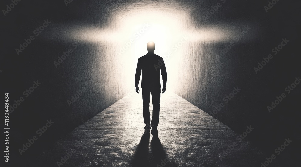 Poster man walking towards bright light in a dark tunnel setting