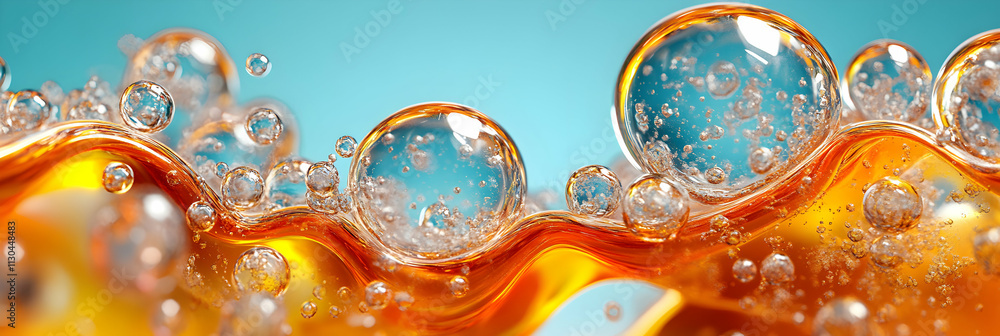 Poster abstract amber liquid with bubbles, a vibrant, fluid artwork featuring shimmering orange waves and t