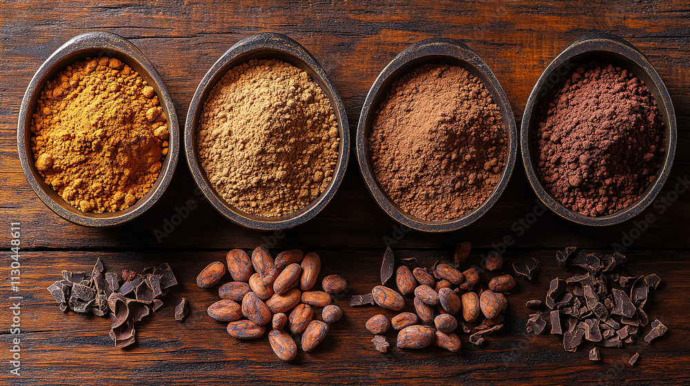 Poster various spices and cocoa powders arranged in bowls on a wooden surface with raw cocoa beans scattere