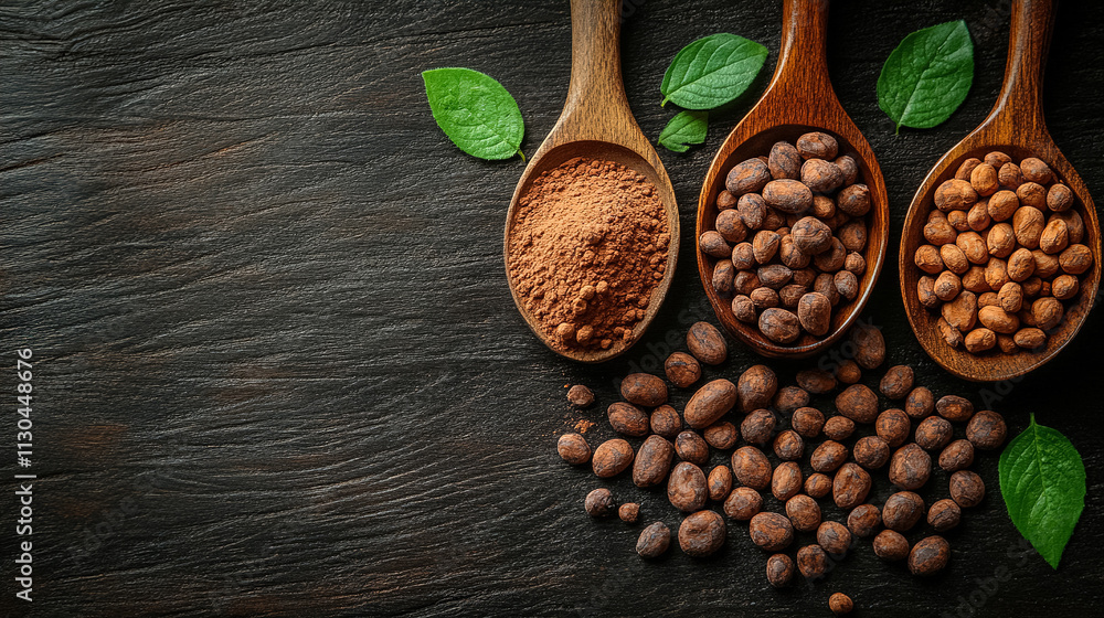 Poster various forms of cocoa displayed in wooden spoons on a dark wooden surface with fresh leaves around.