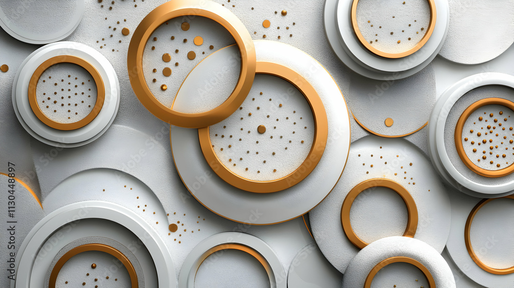 Poster abstract gold & white circular design, interlocking rings create a luxurious, elegant, and sophistic