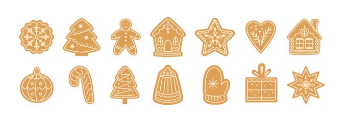 Christmas gingerbread cookies. Icons, doodle. Traditional xmas biscuits. Gingerbread man, houses. Homemade sweets for winter festive holidays. Children's treat. Vector illustrations isolated on white.