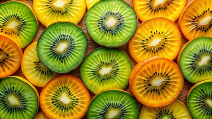 Vibrant Close-Up of Multi-Coloured Kiwi Slices in a Gradient Pattern from Yellow to Green, Perfect for Food Photography and Culinary Use