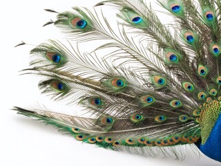 Obraz premium Vibrant Collage of Beautiful Peacock Feathers on a White Background for Stunning Banner Design, Showcasing Nature's Colors and Intricate Patterns in a Creative Arrangement