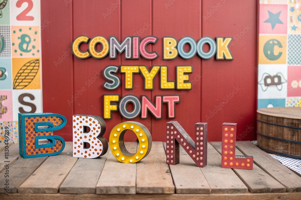 Poster vibrant comic book style font design with alphabet letters and numbers for creative projects and gra