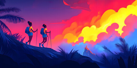 Naklejka premium Vibrant Sunset Hike, Two Hikers Ascend Mountain Peak, Tropical Paradise View, Colorful Cloudscape