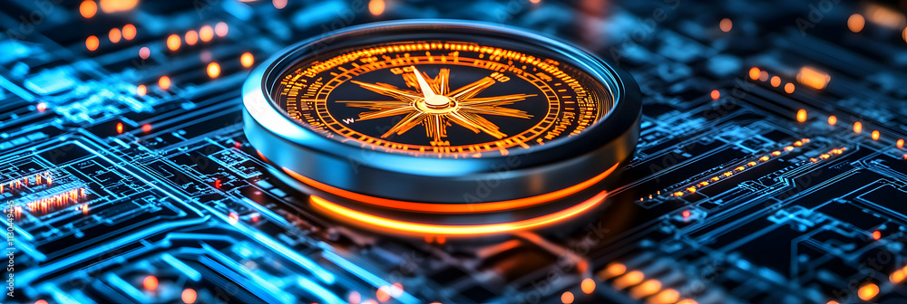 Poster digital compass on circuit board, navigating the technological landscape with precision and innovati