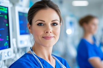 Fototapeta premium A nurse in scrubs smiling warmly. Generative AI