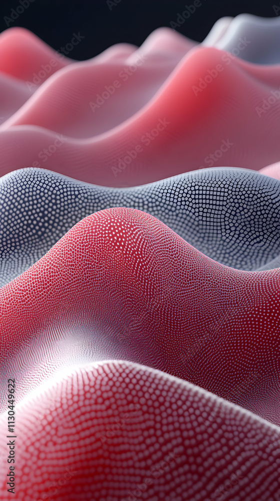 Poster abstract red and gray wavy surface, digital art background, fluid pattern of dots, illustrative desi