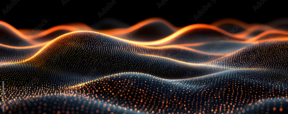 Poster abstract orange and black particle wave background, digital landscape of glowing dots undulating smo