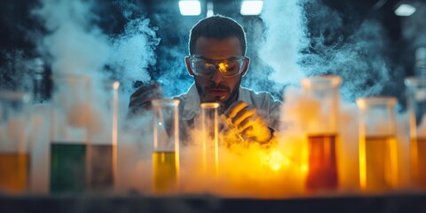 A scientist conducts experiments with colorful liquids amidst smoke in a laboratory setting.