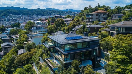 Fototapeta premium Modern Architecture Luxury Home with Solar Panels Overlooking Lush Suburb, Aerial View