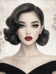A stunning woman in a black off-shoulder gown with vintage curls, bold red lips, and diamond earrings radiates timeless glamour and sophistication, captured in a soft monochromatic portrait.