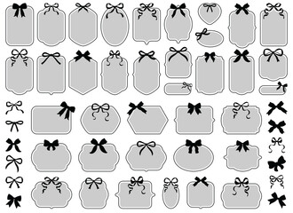Obraz premium Black and gray decorative frames with black bows. Graphic antique frames, collection of retro labels, royal wedding, stickers for sale, invitation card. Isolated vector symbols. Simple line label set