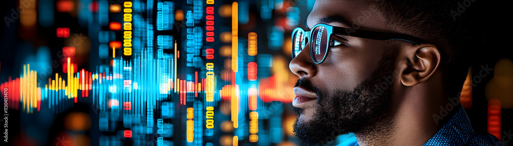 Poster abstract data visualization, man observing colorful financial charts and graphs, intently studying m