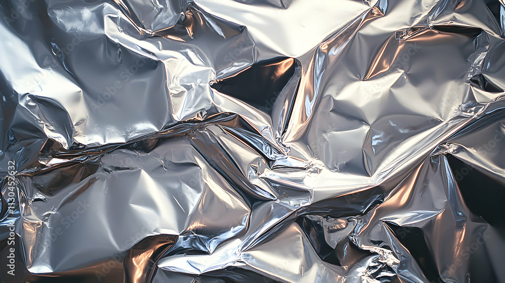 Poster metallic wrinkles, abstract silver foil texture, reflecting light and shadow, creating a dramatic vi