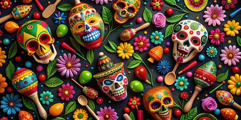 Fototapeta premium Vibrant Mexican Folk Art Pattern Featuring Fantasy Flowers and Decorated Maracas with Sombrero, Celebrating Dia de los Muertos on a Bold Black Background for Hispanic Heritage