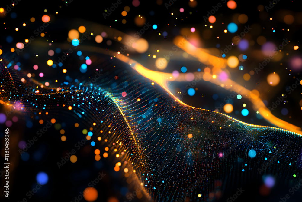 Poster abstract colorful particle wave background, vibrant energy flows dynamically across dark space, crea