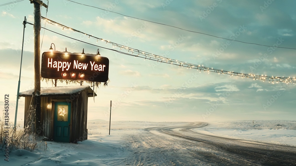 Poster serene snowy landscape with a festive happy new year sign made of glowing string lights set against 