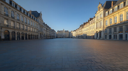 Obraz premium Serene Dawn in a European City Square, Buildings Illuminate the Sunlit Cobblestone Plaza, creating a calm atmosphere.