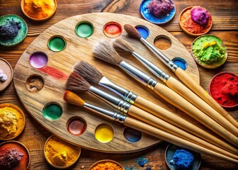 Obraz premium Vibrant Palette and Brushes for Creative Artistry - Capture the Essence of Artistic Expression with Colorful Tools and Supplies for Painting and Craft Projects
