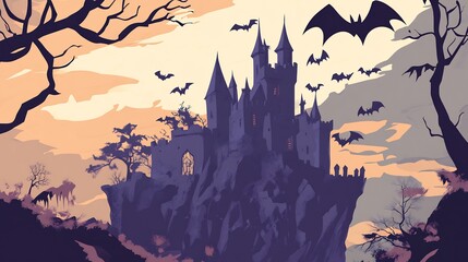Fototapeta premium Halloween Castle on a Clifftop at Dusk