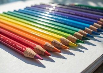 Vibrant Pile of Colored Drawing Pencils on a Table Showcasing a Rainbow Spectrum Ideal for Art, Crafts, and Creative Fun for Kids