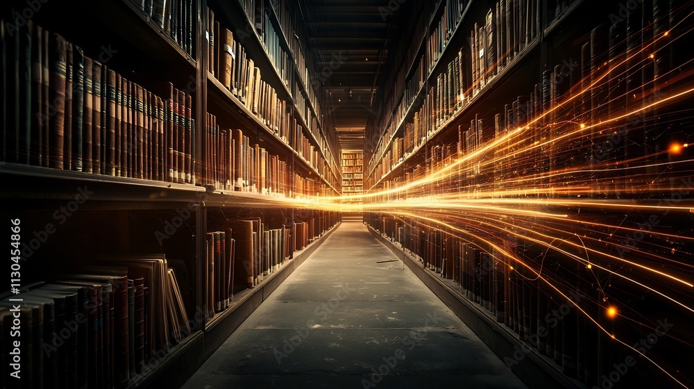 Poster photograph showcasing rfid tagged books in a library with glowing network lines representing real ti