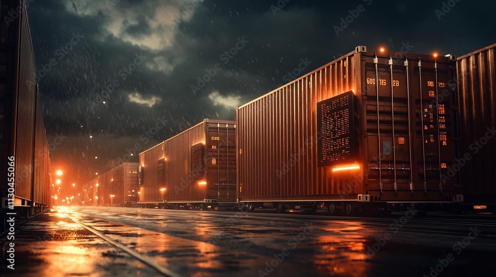 Poster aerial panoramic view of a smart shipping container yard equipped with rfid technology overlaid with