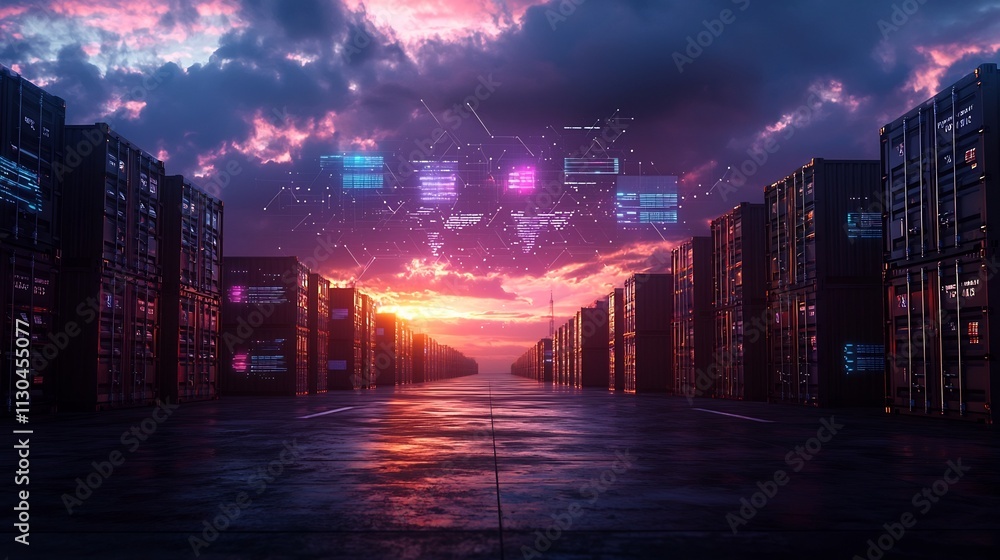 Poster aerial view of a shipping container yard with rfid equipped containers overlaid with a network of da