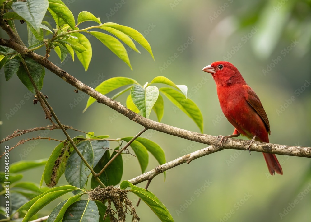 Poster vibrant red finch perched on a branch in nature with ample copy space for text or graphics