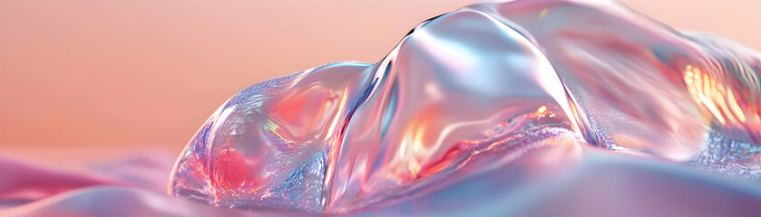 Obraz premium Abstract iridescent landscape, flowing pastel colors creating a dreamy, ethereal scene. Shimmering textures reflect light beautifully, evoking serenity and tranquility.