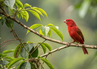Vibrant Red Finch Perched on a Branch in Nature with Ample Copy Space for Text or Graphics