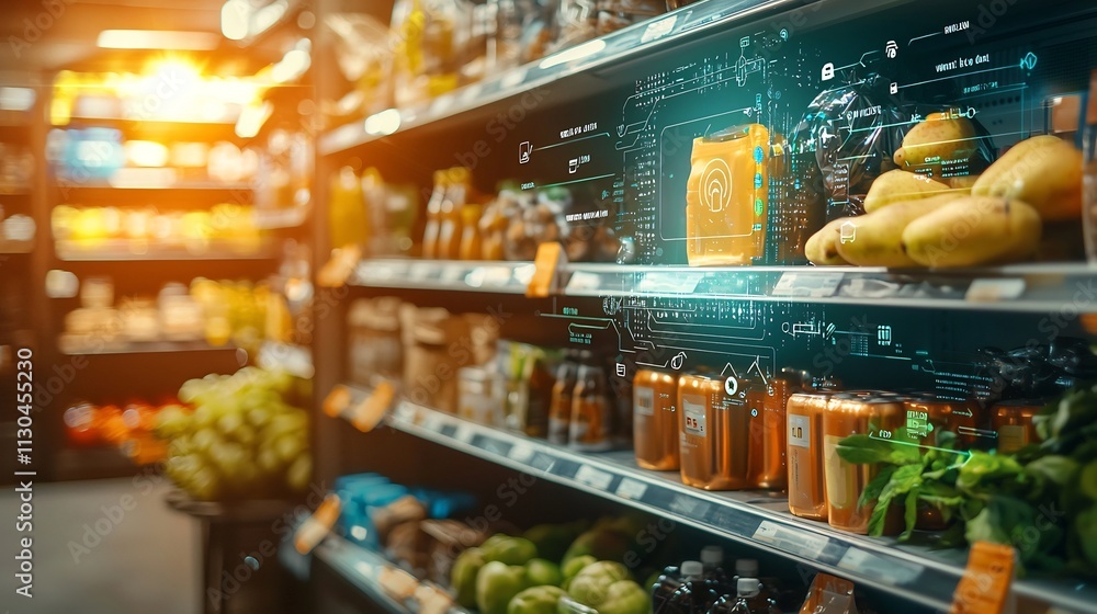 Poster photograph of an nfc sticker attached to a product displayed in a retail store with digital overlays