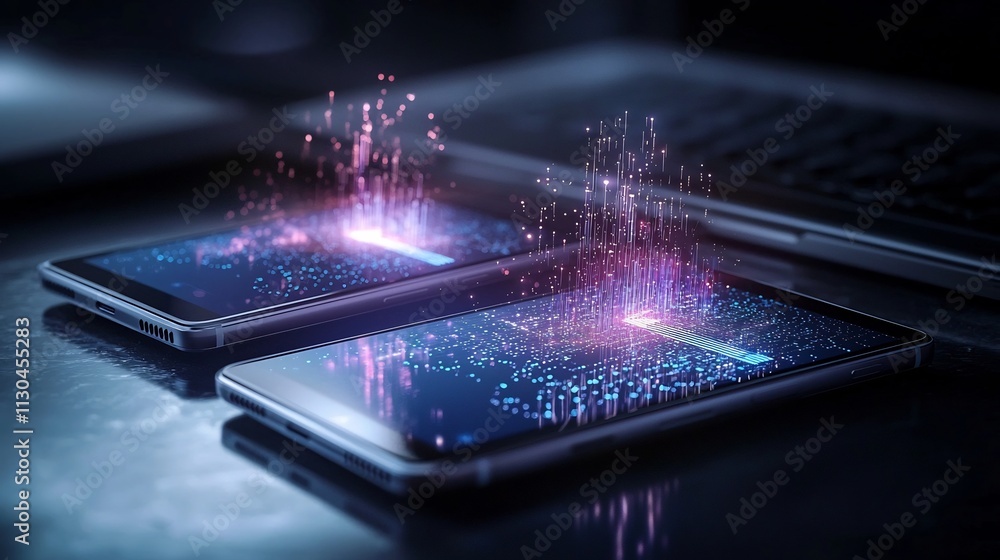 Poster futuristic visualization of wireless data transfer between two smartphones using nfc technology repr